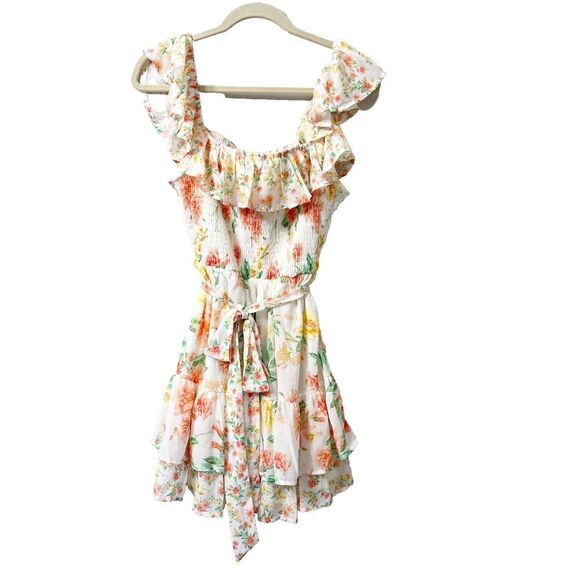 Aura Women Multicolor Floral Mini Dress L Ruffle Stretch Cottagecore Feminine - Picture 1 of 8